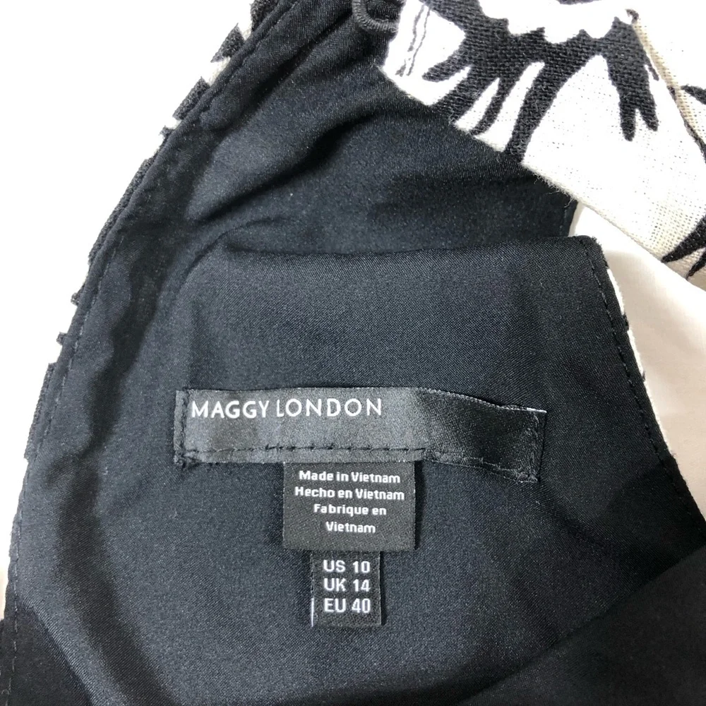 Maggy London Linen Blend Black Cream Floral Halter Pockets Lined Midi Dress 10 - Picture 9 of 16